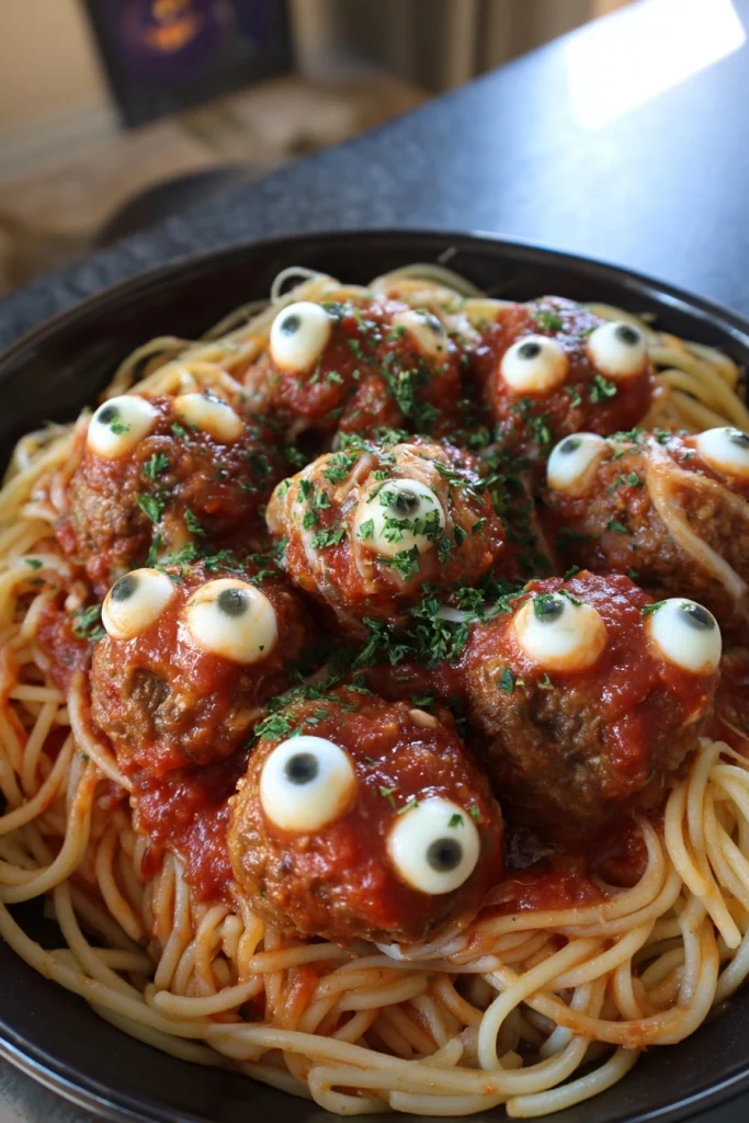 Eyeball Pasta (Meatballs with Mozzarella “Eyes”)