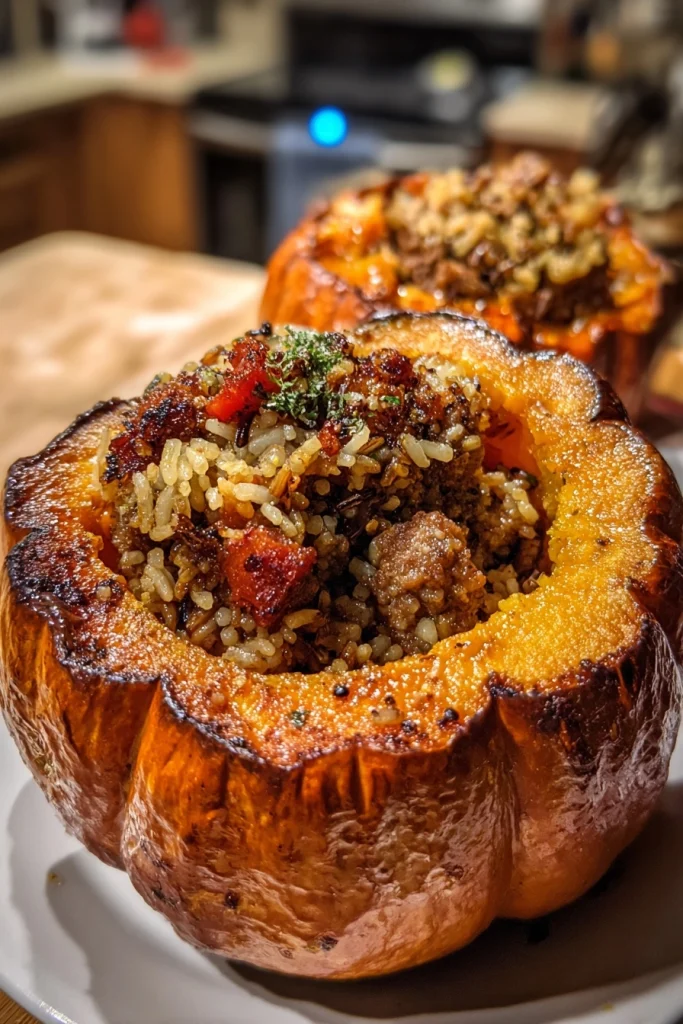 Pumpkin Stuffed with Wild Rice and Sausage