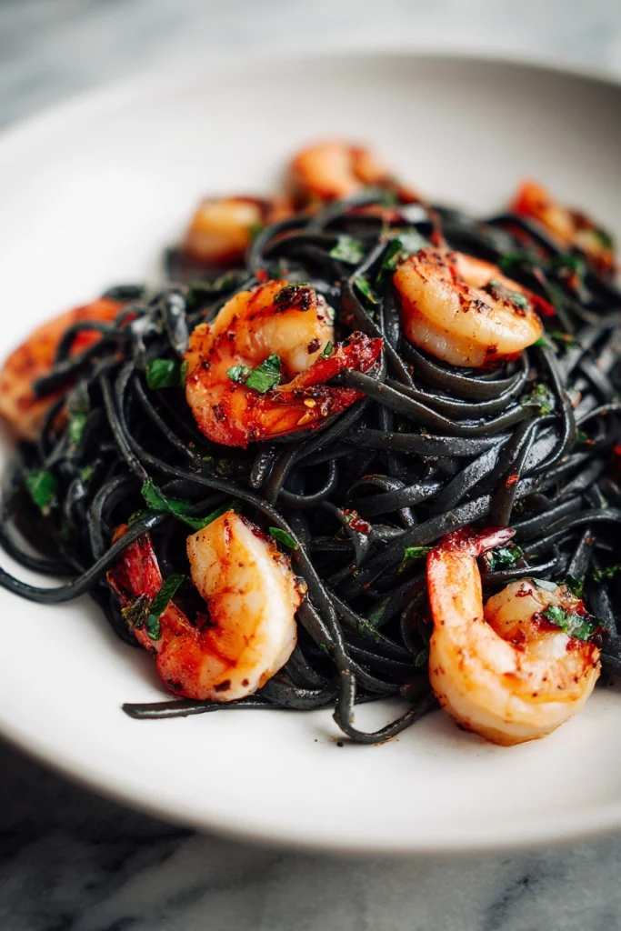 Vampire Pasta (Squid Ink Pasta with Garlic and Shrimp)