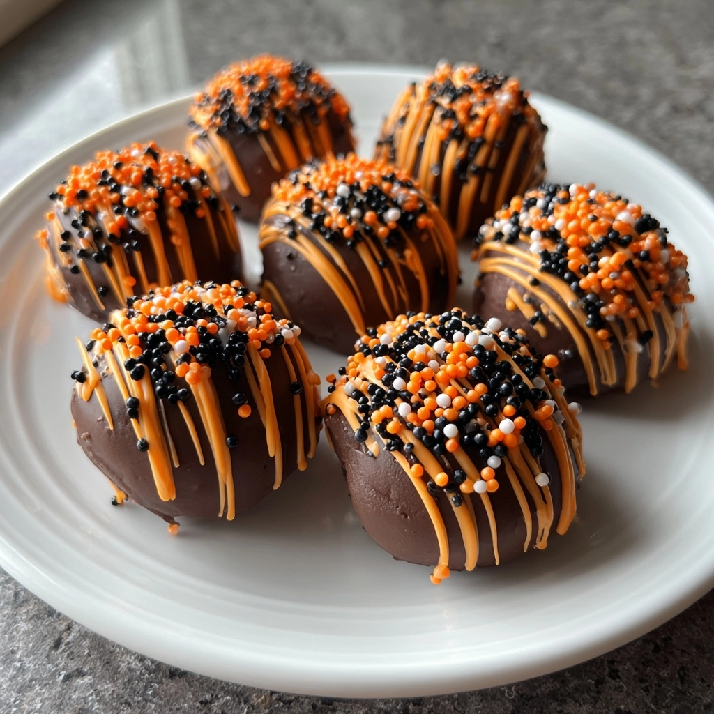 4th of July Cake Balls → (Halloween cake balls with orange & black sprinkles)
