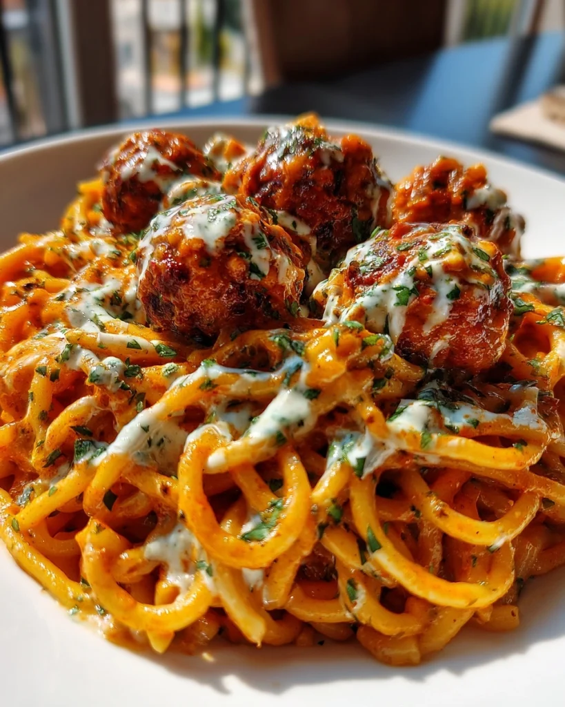 Bold Creamy Buffalo Ranch Meatball Pasta