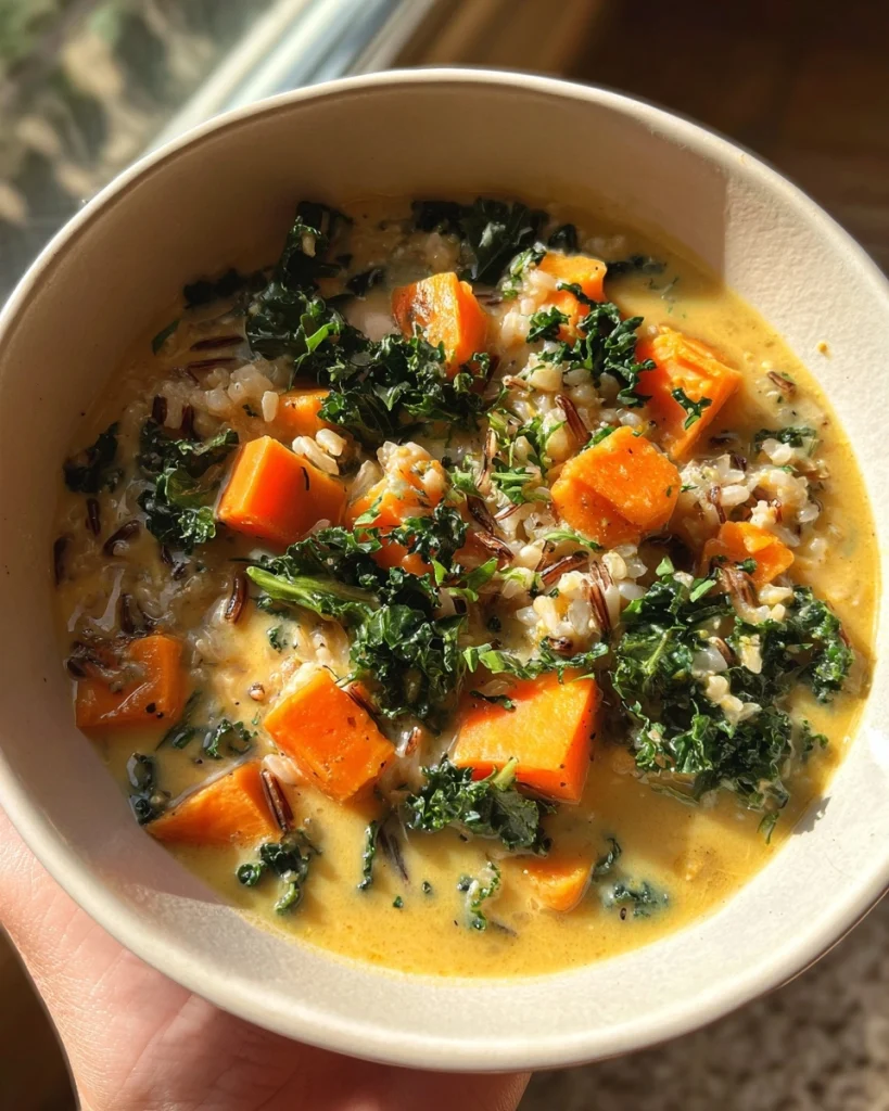 Cozy Wild Rice Soup with Sweet Potato and Kale Recipe