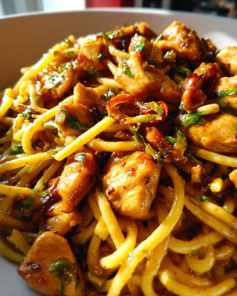 Sticky Sweet Garlic Chicken Pasta Skillet