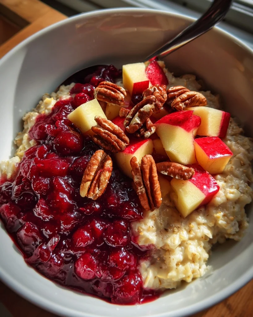 Christmas Oats Porridge with Cranberry Sauce, Apples and Pecans