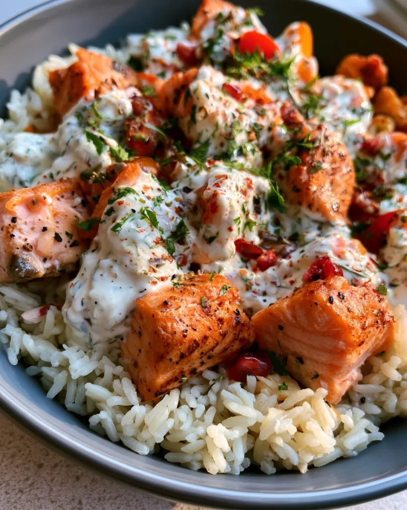 Salmon Rice Bowl with Spicy Yogurt Sauce